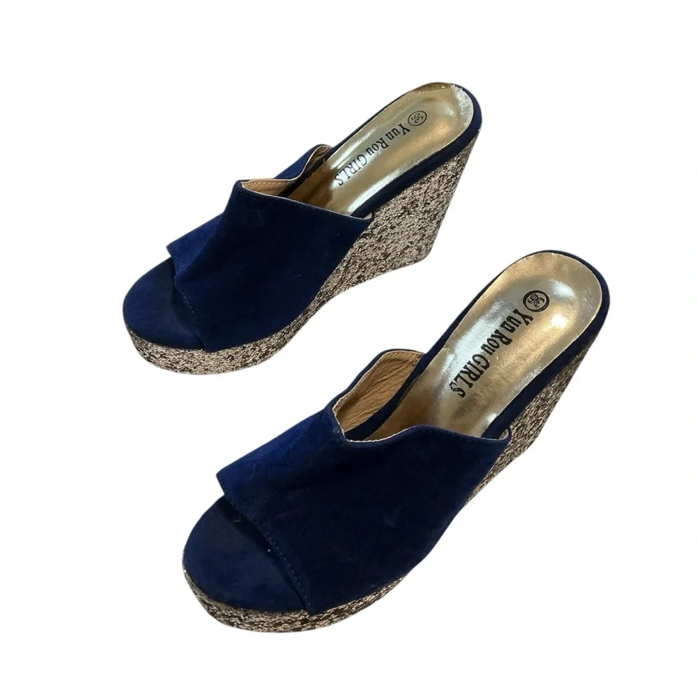 YRU Blue Silver Sequin Platform Wedges Y2K Party Glam Retro Size 36/ US 5.5-6